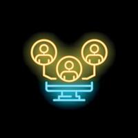 Neon icon of business people network connecting online using desktop computer vector