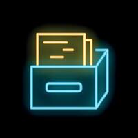 Neon archive box icon glowing on dark background vector