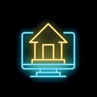Neon computer screen showing a house icon for real estate website or smart home technology vector