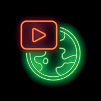Neon sign depicting player icon orbiting earth for global streaming content vector