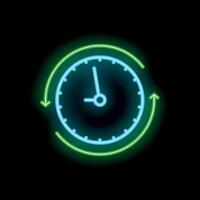 Neon clock showing time passing with rotating arrows vector