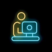 Neon office worker icon, businessman working on computer vector