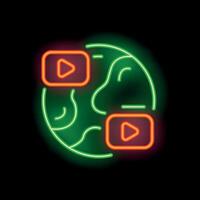 Neon sign representing global network with play buttons for streaming vector