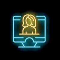 Neon icon of a woman showing up on a computer screen vector
