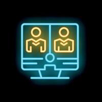 Neon icon of conference on computer screen displaying two participants connecting online vector