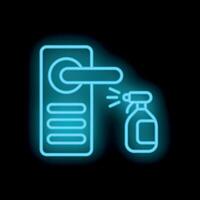 Neon icon of disinfecting door handle using spray bottle sanitizer vector