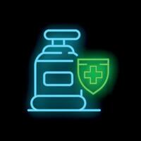 Glowing neon line icon of a medical bottle with shield and cross, representing health protection vector
