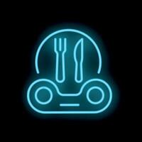 Blue neon sign showing food delivery service with fork and knife on black background vector