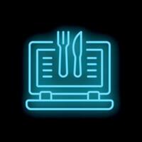 Neon sign of online food ordering with laptop, fork, and knife vector