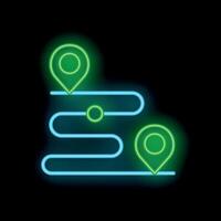 Neon sign showing route with two location pins and check point on black background vector