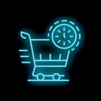 Neon shopping cart rushing to deliver on time for online order vector