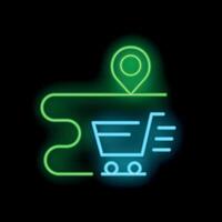 Neon shopping cart following a path to a geolocation pin vector