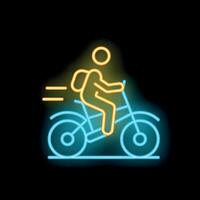 Student riding bicycle with backpack neon sign on black background vector