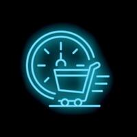 Neon shopping cart speeding on clock background for fast delivery concept vector