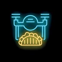 Neon sign representing drone delivering taco in front of black background vector