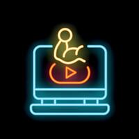 Neon sign of strong arm lifting weight over laptop with play button on screen vector