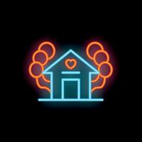 Neon house with heart surrounded by balloons on a black background vector