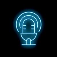 Blue neon microphone icon glowing on dark background vector