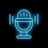 Blue neon microphone icon glowing on dark background vector