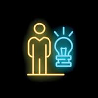 Man standing next to a bright idea light bulb neon sign vector