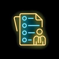 Neon icon of person filling out application form with checkboxes vector