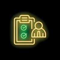 Neon icon of businessman completing checklist for business success vector