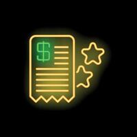 Neon icon of invoice with five stars rating representing customer satisfaction vector