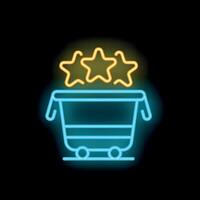 Neon icon of mining cart full of golden stars representing successful mining of crypto currency vector