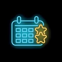 Neon calendar icon is glowing, showing stars representing important dates vector