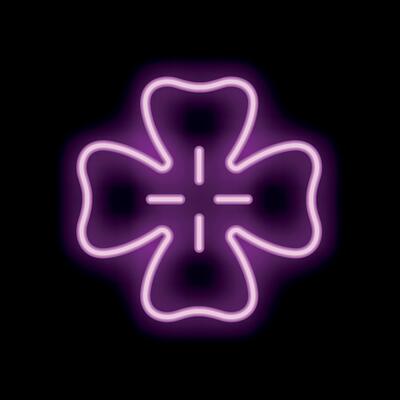 Pink neon sign showing a four leaf clover on black background