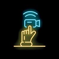Hand touching camera button neon sign on black background vector