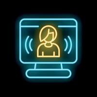 Neon icon of woman speaking or singing on computer screen vector