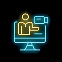Neon icon of teacher explaining lesson online using computer vector