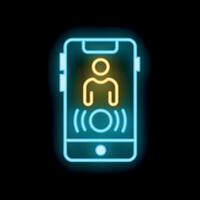 Neon icon of smartphone showing voice control feature on black background vector