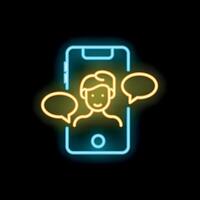 Neon icon of man chatting on mobile phone with speech bubbles vector
