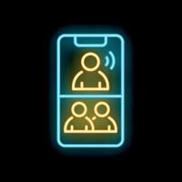 Neon icon of mobile phone displaying call interface on dark background vector