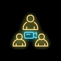 Neon sign of group call with three people and camera icon vector
