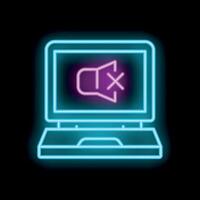 Neon icon of laptop showing muted speaker on screen vector