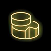 Neon yellow database pie chart icon illustrating data analysis on black background vector
