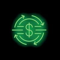 Neon green money currency sign rotating with arrows on black background signifying cashflow vector