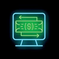 Neon green money transferring on computer screen icon on black background vector
