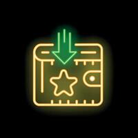 Neon green arrow pointing down to yellow wallet with star on black background vector