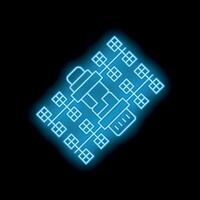Blue neon icon of a satellite sending a signal in space vector