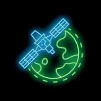 Neon satellite orbiting earth icon glowing on dark background vector