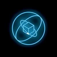 Neon blue cube rotating inside a sphere on black background vector