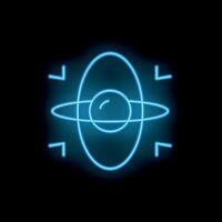 Neon blue atom model orbiting on black background vector