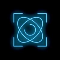 Neon atom symbol glowing in focus frame on dark background vector