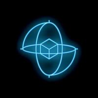 Neon icon of 3d modeling software showing a cube rotating on axis vector