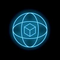 Neon blue sphere encapsulating cube symbolising global logistics network vector