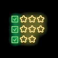 Neon icon showing check marks beside rows of five stars for customer satisfaction vector